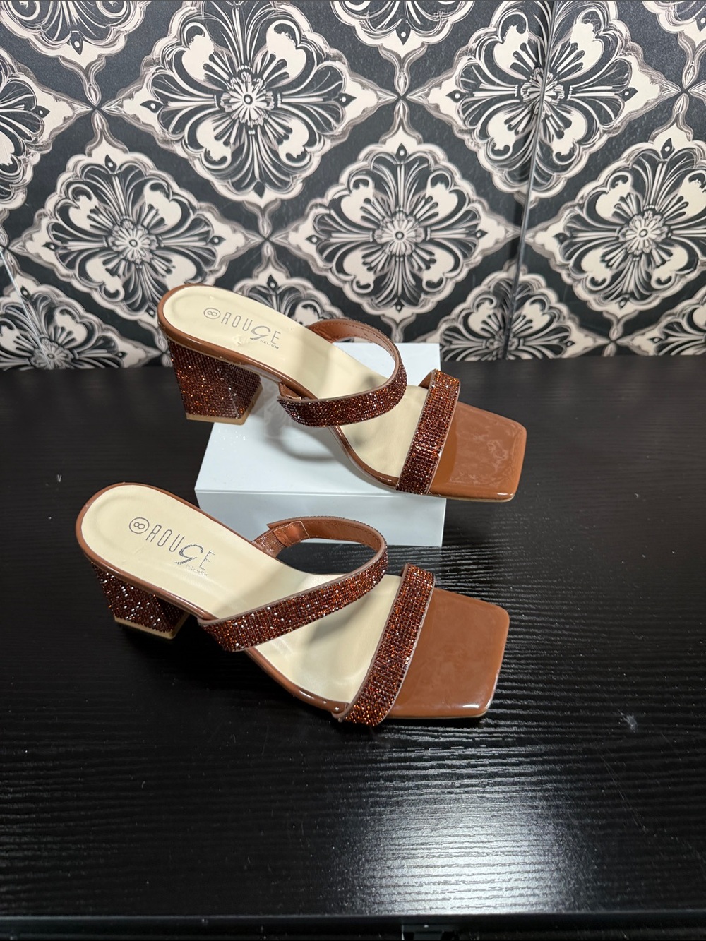 Rouge Brown Sparkle Beaded Block Heel Sandals